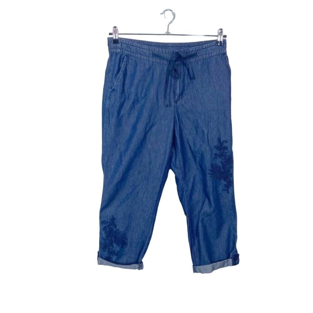 Christopher & Banks Pants Cropped Drawstring Embroidered Light Denim Capri NWT